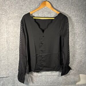 NWT CUPSHE Black Scallop Neck Lace Sleeve Button Front Blouse Women's Size M